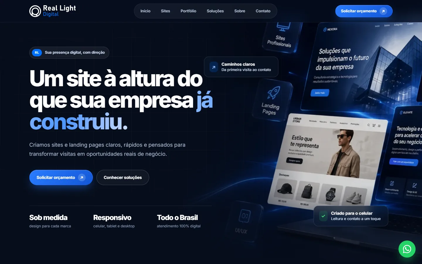 Primeira dobra do site da Real Light Digital